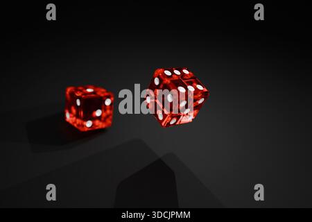 Red transparent dice in motion on a dark background, symbolizing chance, risk, and luck in games and gambling. A dynamic and dramatic 3D render perfec Stock Photo