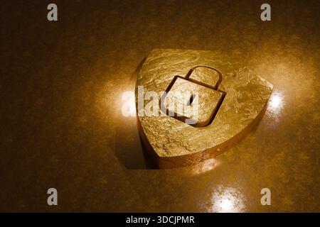 Golden shield with padlock icon on textured surface symbolizing cybersecurity, data protection, and digital privacy. Elegant concept for secure techno Stock Photo