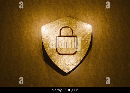 Golden shield with a lock symbol embossed on a textured background. Concept image for cybersecurity, privacy, data protection, secure access, and onli Stock Photo