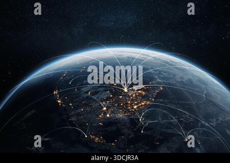 Night planet earth Americas countries with light lines of communication and connection. Business and finance, concept.  Global communications system a Stock Photo