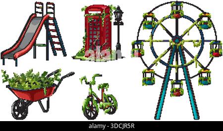 Colorful playground and carnival equipment overtaken by green plants in detailed vector illustration Stock Vector