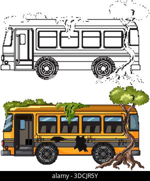 Vector illustration of ruined school bus entwined with tree roots and foliage, isolated on white Stock Vector