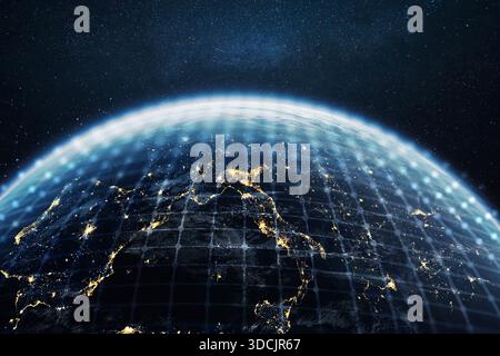Futuristic view of Earth from space with glowing city lights and digital grid overlay. Concept of global communication, technology network, and planet Stock Photo