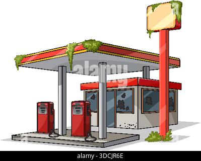 Vector illustration of deserted gas station with moss, broken windows, flat lighting, clean white background Stock Vector