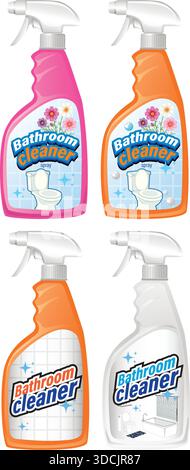 Four colorful bathroom cleaner spray bottles, vector style, isolated on white with clean label designs Stock Vector