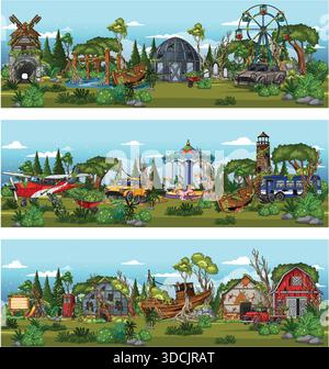 Horizontal cartoon banners of overgrown abandoned amusement rides, vintage vehicles, and rustic farm buildings Stock Vector
