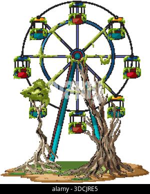 Colorful abandoned Ferris wheel illustration with twisted trees, creeping vines, and white background isolation Stock Vector