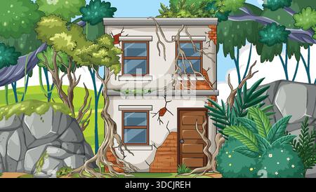 Cartoon abandoned two story house in lush jungle, cracked walls, overgrown roots, bright daylight Stock Vector