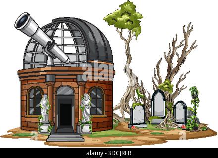 Vector illustration of abandoned observatory with telescope, statues, gravestones, and twisted trees on white background Stock Vector