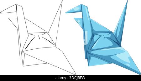 Vector illustration of origami crane, showing both black outline and glossy blue colored style Stock Vector