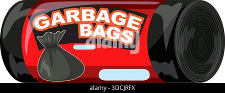 Vector illustration of rolled black garbage bags in red packaging, bold label, clean design Stock Vector