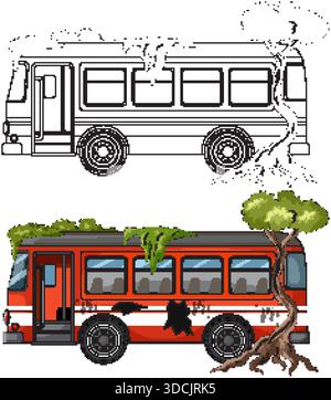 Vector illustration of derelict city bus overtaken by tree roots and hanging greenery Stock Vector