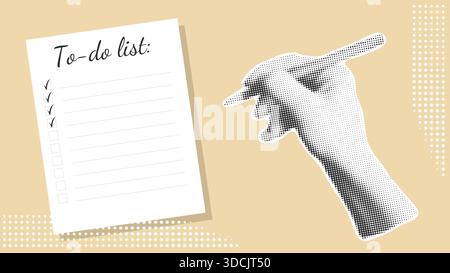 To do list modern banner in collage style. Womans hand marks off completed tasks with pen. Concept of success, completion, productivity. Vector Stock Vector