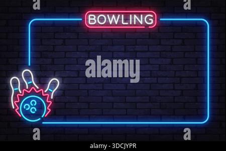 Vibrant neon vector frame with bowling ball and pins icon. Designed for bowling clubs, sport events, and entertainment venue advertising. Stock Vector