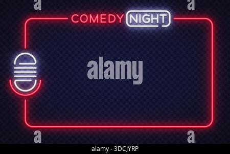 Glowing neon vector frame with comedy night lettering and microphone symbol. Designed for humor events, stage banners, and entertainment marketing. Stock Vector