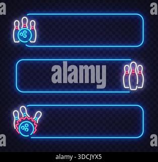 Neon vector set of horizontal frames with bowling ball and pins icons. Perfect for menus, scoreboards, price lists, and club information displays. Stock Vector