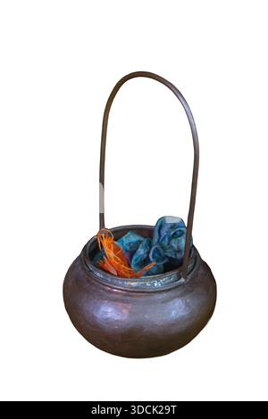 Mebum. A bowl made of copper or brass. It is heated and then placed on the affected body part, with its mouth encircling the affected area. It utilizes the principle of the cupping-glass to syphon off fluids from surface boils; it is also used for several other cases like muscle pain, ligament sprain, pain along the vertebral column. It works by increasing blood circulation in local areas and imparting thermo-mechanical stimulation to the affected area. Stock Photo