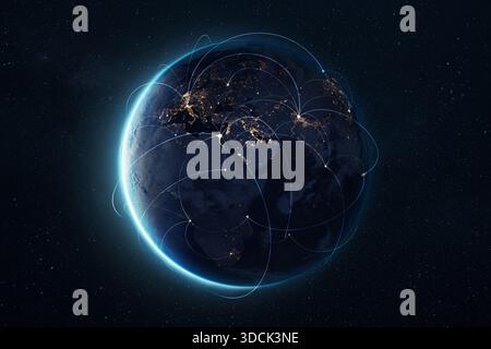 Digital connections around the world — planet Earth at night with glowing network lines representing global communication, data transfer, and worldwid Stock Photo