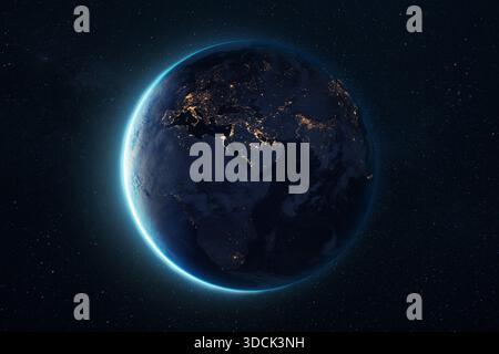 Planet Earth at night viewed from space, showing glowing city lights and illuminated atmosphere. Stunning satellite view of our planet in the vast. Be Stock Photo