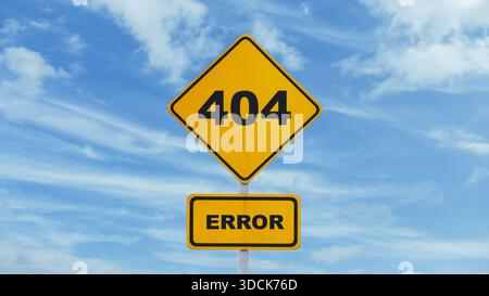 Attention error 404, concept. Yellow sign 404 on blue sky with clouds. Error accessing the site. Web Stock Photo