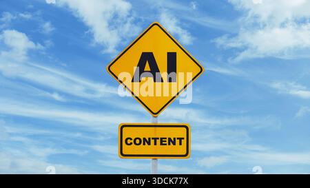 Yellow road sign attention concept AI, concept. Filtering content creation with the help of Artificial Intelligence, creative idea. Censorship and cop Stock Photo