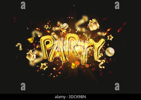Gold Party Balloons fly with golden gifts, confetti, mirrored balloons, stars and hearts on a dark background with sparkles. Luxury Party, a creative Stock Photo