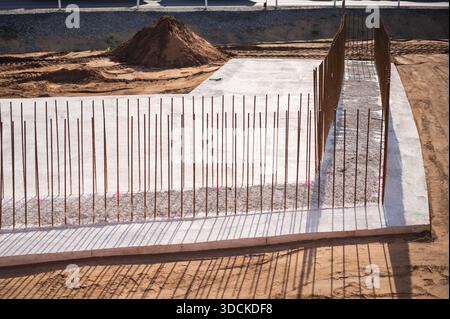 Foundation with reinforcing steel for the next construction phase. Stock Photo