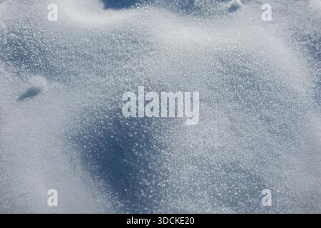 Sparkling white frost or snow surface. Fine texture with subtle blue tones and soft focus, ideal for a clean, cold winter backdrop. Snow texture, top Stock Photo