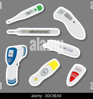 Illustration on theme set different types of thermometers for prevention coronavirus, thermometer consisting of med accessory with prevention coronavi Stock Vector