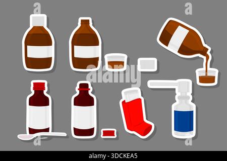 Illustration on theme big colored set different types of sprayers in vial, syrup for hospital, sprayer pattern consisting of collection accessory tast Stock Vector