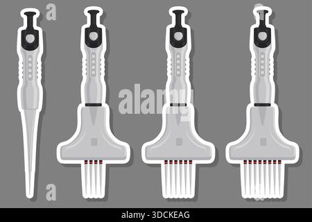 Illustration on theme big kit different medical pipette, dropper for laboratory. Pattern dropper consisting of many laboratory medical pipette on back Stock Vector