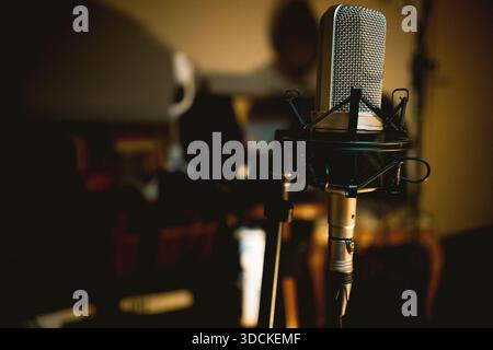 Large diaphragm condenser microphone mounted on a stand, close-up view. Stock Photo