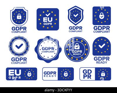 GDPR. General data protection regulation compliant labels, privacy policy certificate and safe personal information emblems. Vector GDPR stamp set Stock Vector