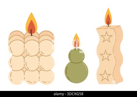 Flat lay of candles in various shapes. Illustration of cozy decorative lighting elements, hand-drawn. Stock Vector