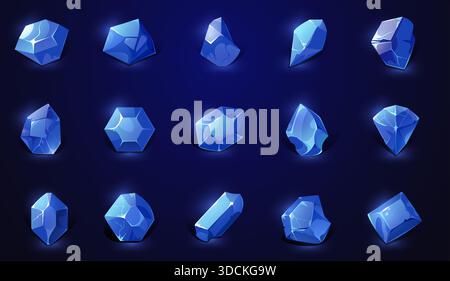 Blue gem stones. Game crystal diamond UI, cartoon shiny magic sapphire crystals, luxury blue diamonds glowing gemstone treasure game asset design Stock Vector