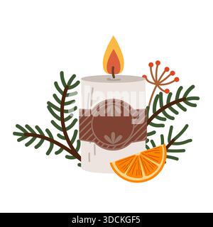 Flat festive candle decorated with fir branches. New Year's and Christmas illustration. Stock Vector
