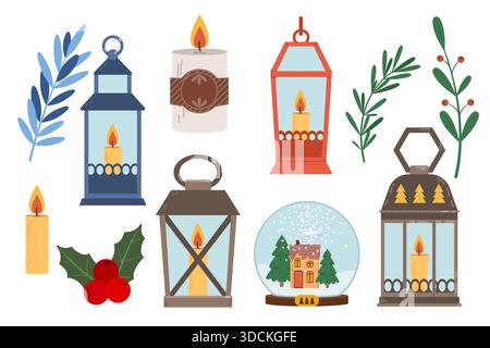 Set of decorative holiday lanterns with candles. Flat-style illustration of a lighting element for home decor. Stock Vector