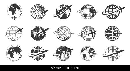 Global travel and airline logistics icons. Plane flying around Earth for worldwide flight international communication. Vector set with map, location Stock Vector