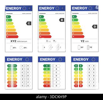 EU energy label. Green to red rating arrows for home appliance efficiency class, economical power consumption and eco standards. Bar chart and light Stock Vector