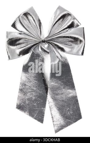 Silver metallic ribbon bow with reflective texture isolated on white background Stock Photo