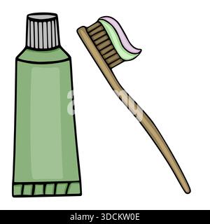 Hand-drawn vector illustration of a green toothpaste tube and a wooden bamboo toothbrush with a dollop of striped toothpaste for daily oral hygiene. Stock Vector