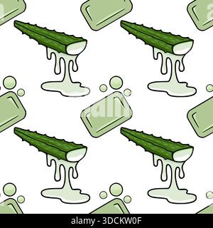 Seamless vector pattern of aloe vera slices and soap bars with dripping gel, evoking a fresh, natural, and clean aesthetic for skincare products. Stock Vector
