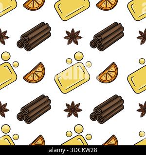 Seamless vector pattern featuring stylized cinnamon sticks, star anise, and orange slices with yellow soap bars and bubbles. Stock Vector