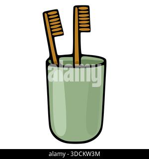 A hand-drawn vector illustration featuring two sustainable bamboo toothbrushes with brown bristles placed inside a muted green ceramic tumbler or glas Stock Vector
