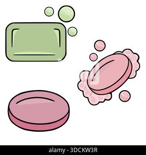 A clean vector illustration featuring three distinct bars of soap, two in shades of pink and one in a soft green, accompanied by frothy bubbles, evoki Stock Vector