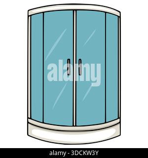 Modern corner shower cabin with curved blue glass doors and sleek handles isolated on white background, hand-drawn style vector illustration for bathr Stock Vector