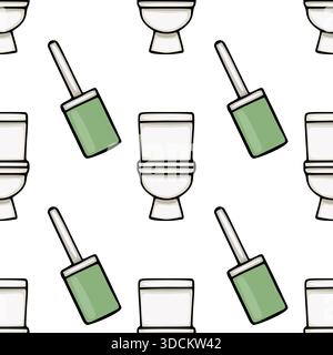 Seamless vector pattern of white toilet bowls and green toilet brushes on a white background, perfect for bathroom decor and cleaning product branding Stock Vector