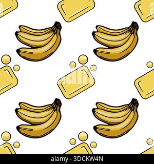 Seamless vector pattern featuring bright yellow bananas and stylized soap bars with subtle highlights on a clean white background, evoking a fresh and Stock Vector