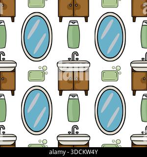 A charming vector pattern of bathroom elements including oval mirrors, sinks with faucets, soap bars, and lotion bottles, in a repeating arrangement. Stock Vector