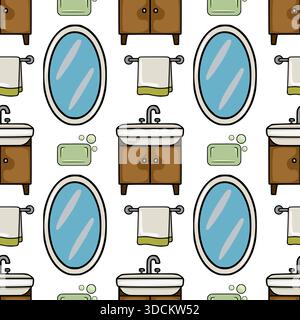 Seamless vector pattern featuring a charming cartoon-style bathroom ensemble with oval mirrors, sinks with faucets, towels on racks, and soap bars, se Stock Vector